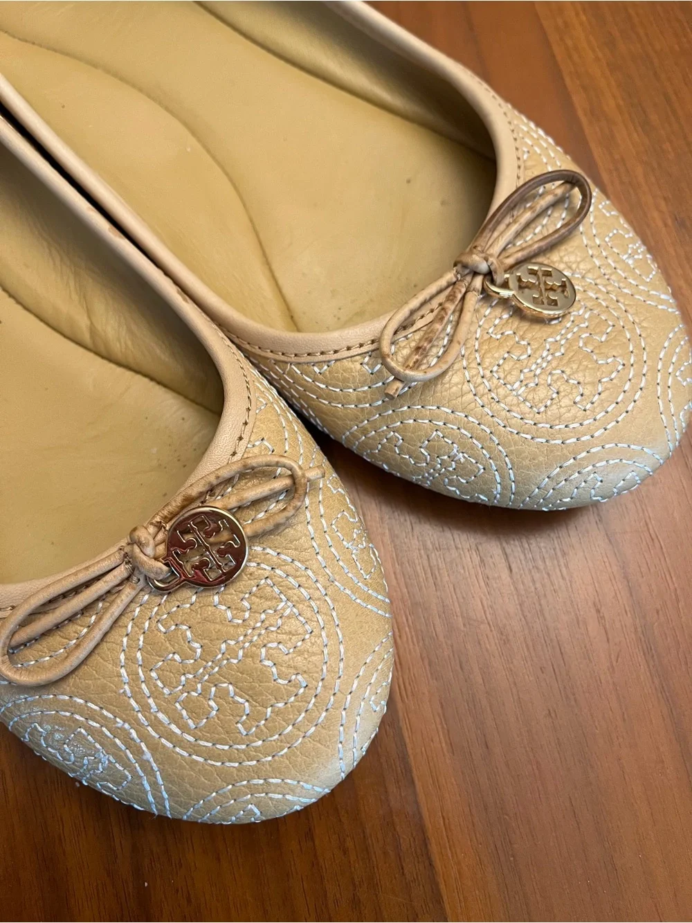 Tory Burch Tan Quilted Logo Ballet Flats with Bow
